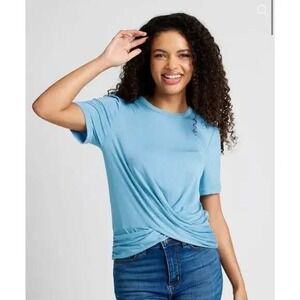 NWT ModCloth S Blue Twist of Fun Front Short Sleeve Top T Shirt Womens Solid Tee